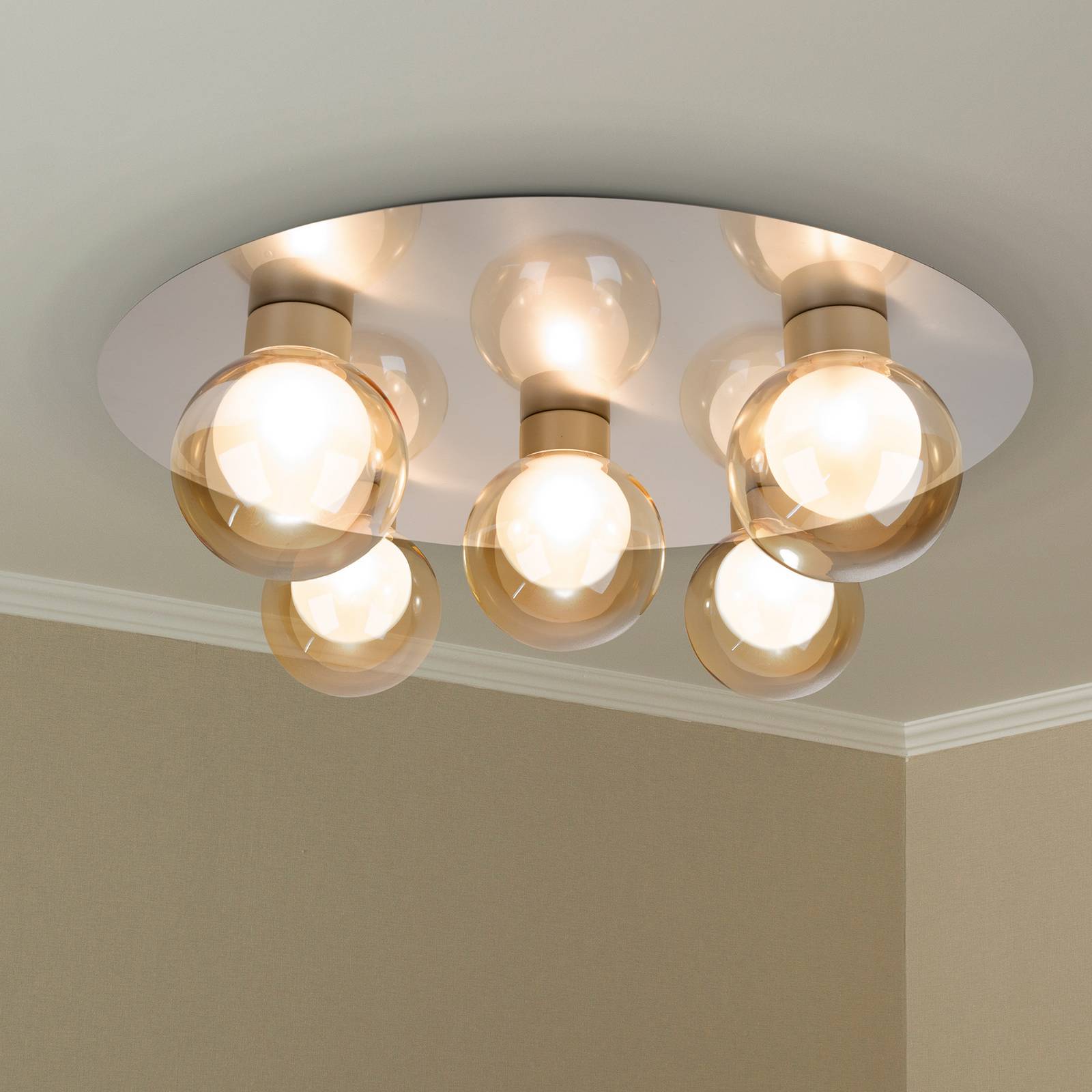 Deckenleuchte Donika, 5-flammig rund, Glas, Stahl, amber, G9 Deckenleuchte Donika, 5-flammig rund, Glas, Stahl, amber, G9 von Naeve Leuchten