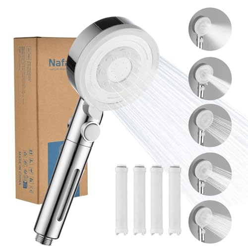 Nafall Duschkopf mit 4 PP Filter, Handbrause Wassersparend, Duschkopf Duschbrause mit 5 Strahlarten Hochdruck, Regendusche, Stoppfunktion (Chrom Weiß, Ohne Schlauch und Halterung) von Nafall
