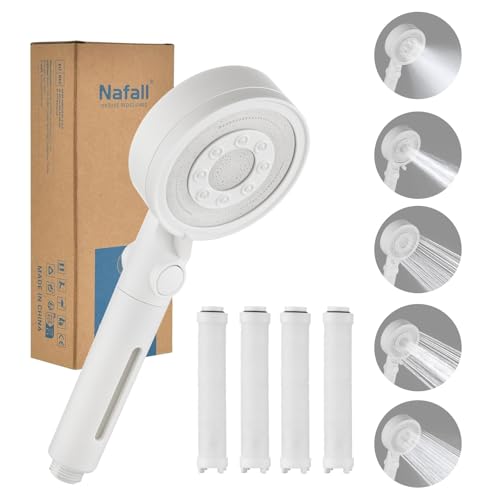 Nafall Duschkopf mit 4 PP Filter, Handbrause Wassersparend, Duschkopf Duschbrause mit 5 Strahlarten Hochdruck, Sparduschkopf, Regendusche, Stoppfunktion, Weiß (Ohne Schlauch und Halterung) von Nafall