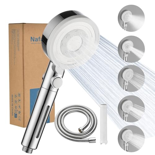 Nafall Duschkopf mit Filter - Hochdruck Handbrause mit Schlauch, Brausekopf mit 5 Strahlarten,Stoppfunktion, Wassersparend Duschbrause Shower Head für Schwermetall,Rest-Chlor,Bakterien, Chrom Weiß von Nafall