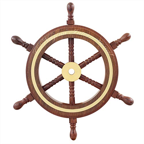 Nagina International Handgefertigte Premium Nautical Wooden Ship Wheel | Exklusive Piratenwanddekoration | Ocean & Beach Maritime Nursery Dekoratives Hängen (9 Zoll, Naturholz - Messingring) von Nagina International