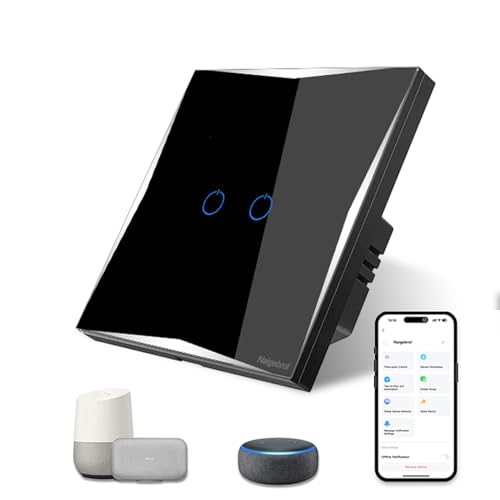 Naigbebrol Smart Lichtschalter, TUYA WiFi Wandschalter mit Neutraldraht, Glas Touchpanel Kompatibel mit Alexa & Google Home Fernbedienung via App EU/UK Standard Modernes Design (2-Gang, Schwarz) von Naigebrol