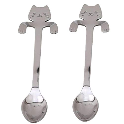 NaisiCore Schöne Katze Löffel Set Hanging Dessertlöffel Edelstahl-Kaffeelöffel Besteck Silber 2Pcs von NaisiCore