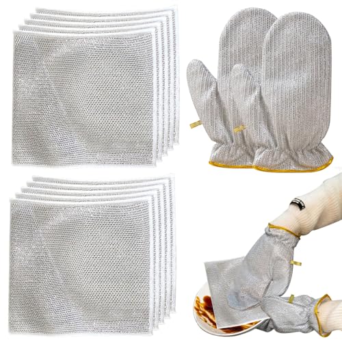 Naisicatar 10pcs Draht Geschirrspül für nasses ＆ trockenes Mesh-Geschirrtuch mit 2 PCS-Handschuhen Nicht-Kratzer-Stahlwolle wiederverwendbares Küchenwaschlappen von Naisicatar