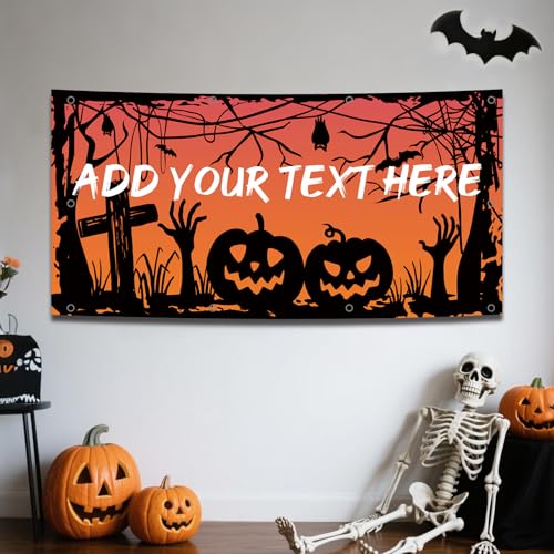 Personalisierte Halloween Banner Dekoration Fügen Sie Ihren eigenen Fototext hinzu. „Happy Halloween“ Party Banner Dekorationsschild für die Haustür Veranda Außenbereich Hof Heimparty Zubehör von Naispanda