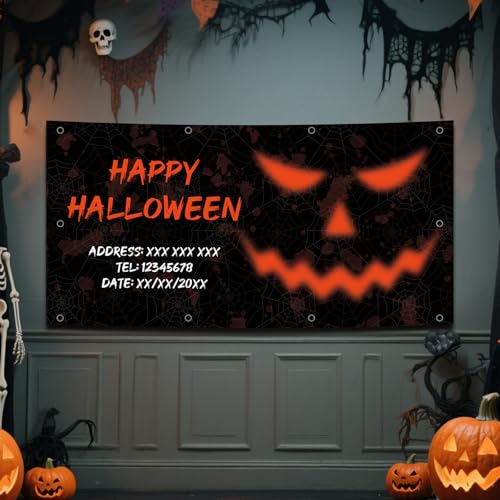 Personalisierte Halloween Banner Dekoration Fügen Sie Ihren eigenen Fototext hinzu. „Happy Halloween“ Party Banner Dekorationsschild für die Haustür Veranda Außenbereich Hof Heimparty Zubehör von Naispanda