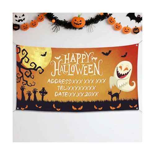 Personalisierte Halloween Banner Dekoration Fügen Sie Ihren eigenen Fototext hinzu. „Happy Halloween“ Party Banner Dekorationsschild für die Haustür Veranda Außenbereich Hof Heimparty Zubehör von Naispanda