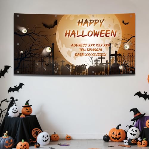 Personalisierte Halloween Banner Dekoration Fügen Sie Ihren eigenen Fototext hinzu. „Happy Halloween“ Party Banner Dekorationsschild für die Haustür Veranda Außenbereich Hof Heimparty Zubehör von Naispanda