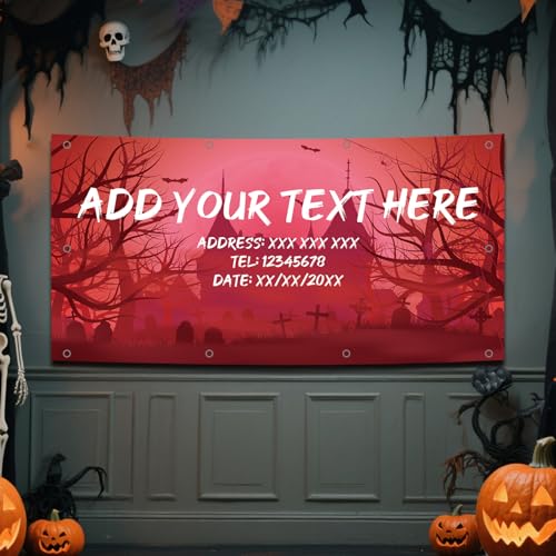 Personalisierte Halloween Banner Dekoration Fügen Sie Ihren eigenen Fototext hinzu. „Happy Halloween“ Party Banner Dekorationsschild für die Haustür Veranda Außenbereich Hof Heimparty Zubehör von Naispanda