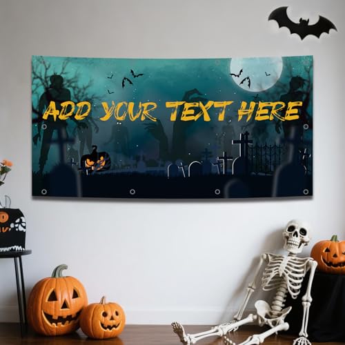 Personalisierte Halloween Banner Dekoration Fügen Sie Ihren eigenen Fototext hinzu. „Happy Halloween“ Party Banner Dekorationsschild für die Haustür Veranda Außenbereich Hof Heimparty Zubehör von Naispanda
