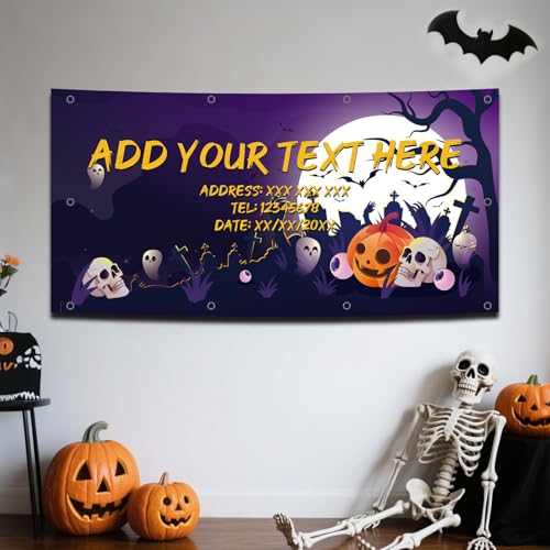 Personalisierte Halloween Banner Dekoration Fügen Sie Ihren eigenen Fototext hinzu. „Happy Halloween“ Party Banner Dekorationsschild für die Haustür Veranda Außenbereich Hof Heimparty Zubehör von Naispanda