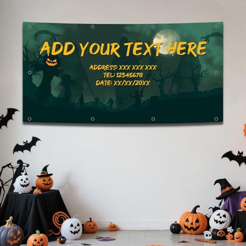 Personalisierte Halloween Banner Dekoration Fügen Sie Ihren eigenen Fototext hinzu. „Happy Halloween“ Party Banner Dekorationsschild für die Haustür Veranda Außenbereich Hof Heimparty Zubehör von Naispanda