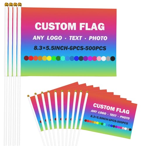 Personalisierte Handflagge mit Stange, 6–500 Stück, Personalisierte Stockflaggen Miniflaggen mit Fototext-Logo, Personalisierte kleine Handflagge für Teamaktivitäten, Sportveranstaltungen, Paraden von Naispanda