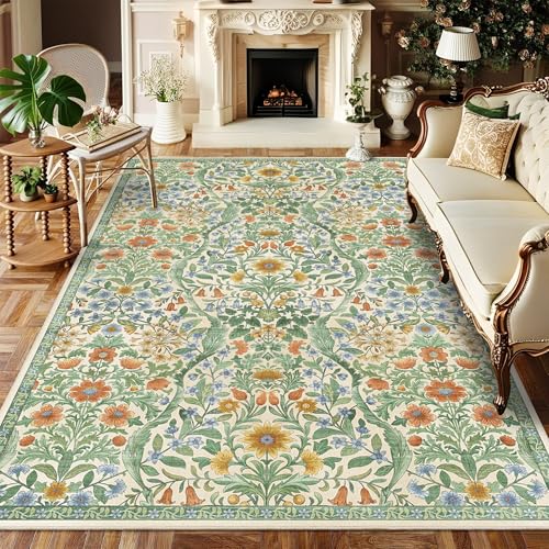 Teppich, Blumenmuster, waschbar, 15,2 x 22,9 cm, Grasgrün, Boho-Teppich für Wohnzimmer, weich, niedriger Flor, rutschfest, schmutzabweisend und fusselfrei, für Schlafzimmer, Esszimmer, Büro von NakedCloud