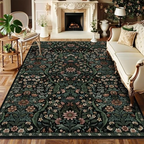 Teppich, waschbar, Blumenmuster, Vintage, Boho, weich, flach, schmutzabweisend, botanisch, rutschfest, für Schlafzimmer, Esszimmer, Kinderzimmer, Heimdekoration von NakedCloud