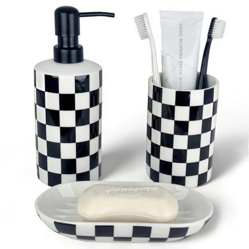 Badezimmer-Zahnbürstenhalter-Set, Keramik-Seifenspender und Zahnbürstenhalter und Seifenschale, Badezimmer-Zubehör-Sets Arbeitsplatte, schwarz-weiß kariertes Badezimmer-Dekor-Set Badezimmer-Zahnbürstenhalter-Set, Keramik-Seifenspender und Zahnbürstenhalter und Seifenschale, Badezimmer-Zubehör-Sets Arbeitsplatte, schwarz-weiß kariertes Badezimmer-Dekor-Set von Nakor home