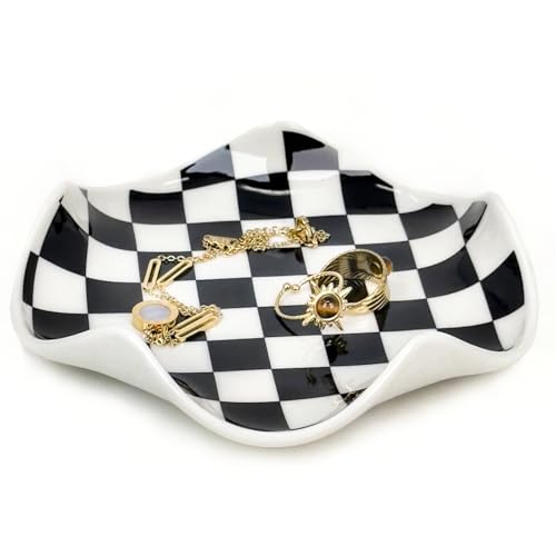 Nakor home Keramik-Schmuckschale, Ring-Schmuckstück, Ohrringe, Teller-Halter, Tablett, modern, niedlich, ästhetisch, coole Sachen für Frauen, College, Mädchen, Teenager, Mädchen, schwarz-weiß kariert Nakor home Keramik-Schmuckschale, Ring-Schmuckstück, Ohrringe, Teller-Halter, Tablett, modern, niedlich, ästhetisch, coole Sachen für Frauen, College, Mädchen, Teenager, Mädchen, schwarz-weiß kariert von Nakor home