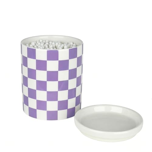 Q-Tip-Halter, Qtip Spender mit Deckel, Wattestäbchen-Ball-Halter Behälter für Badezimmer, Keramik-Q-Tip-Kanister/Apothekerglas, modernes Lavendel-Lila kariertes Badezimmer-Dekor Q-Tip-Halter, Qtip Spender mit Deckel, Wattestäbchen-Ball-Halter Behälter für Badezimmer, Keramik-Q-Tip-Kanister/Apothekerglas, modernes Lavendel-Lila kariertes Badezimmer-Dekor von Nakor home