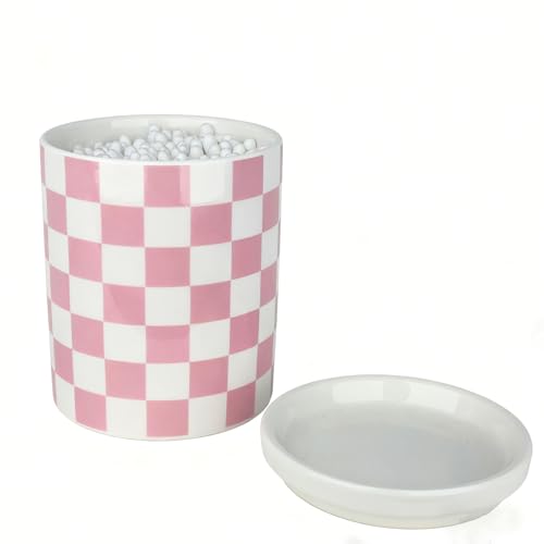 Q-Tip-Halter, Qtip Spender mit Deckel, Wattestäbchen-Ball-Halter für Badezimmer, Q-Tip-Behälter/Apothekerglas für Arbeitsplatten-Organizer, moderne karierte Badezimmer-Dekoration, rosa und weiße Q-Tip-Halter, Qtip Spender mit Deckel, Wattestäbchen-Ball-Halter für Badezimmer, Q-Tip-Behälter/Apothekerglas für Arbeitsplatten-Organizer, moderne karierte Badezimmer-Dekoration, rosa und weiße von Nakor home