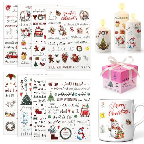 Weihnachtsaufkleber, 8 Stück Rub On Sticker Weihnachten, DIY Deko Transferaufkleber Festlichen Rub Ons Selbstklebend, Kerzenaufkleber für Möbel Glas Holz Scrapbooking DIY Basteln Deko (Mehrfarbig) von Nakutita