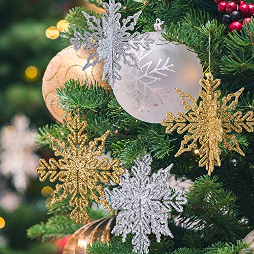 Naler 24 Stück Schneeflocken Weihnachten Deko in Silber und Gold für Weihnachtsbaum Glitzer Weihnachtsbaumschmuck von Naler