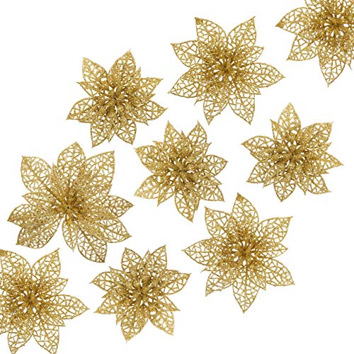 Naler 24-teilig Weihnachtsblumen Glitzer Blumen Weihnachten Deko Weihnachtsbaumschmuck Poinsettia für Weihnachtsbaum Adventskranz, Gold von Naler