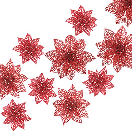 Naler 24-teilig Weihnachtsblumen Glitzer Blumen Weihnachten Deko Weihnachtsbaumschmuck Poinsettia für Weihnachtsbaum Adventskranz, Rot von Naler