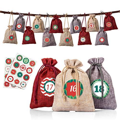 Naler 24 x Jutesäckchen Adventskalender Stoffbeutel mit Zahlen Aufkleber Jute Beutel Natur Säckchen Geschenksäckchen für Weihnachten - Rot/Natur/Grau von Naler