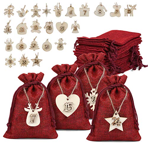 Naler 24 x Jutesäckchen Adventskalender Stoffbeutel mit Zahlen Holzanhänger Jute Beutel Säckchen für Weihnachten Geschenksäckchen - 10 x 14 cm Naler 24 x Jutesäckchen Adventskalender Stoffbeutel mit Zahlen Holzanhänger Jute Beutel Säckchen für Weihnachten Geschenksäckchen - 10 x 14 cm von Naler
