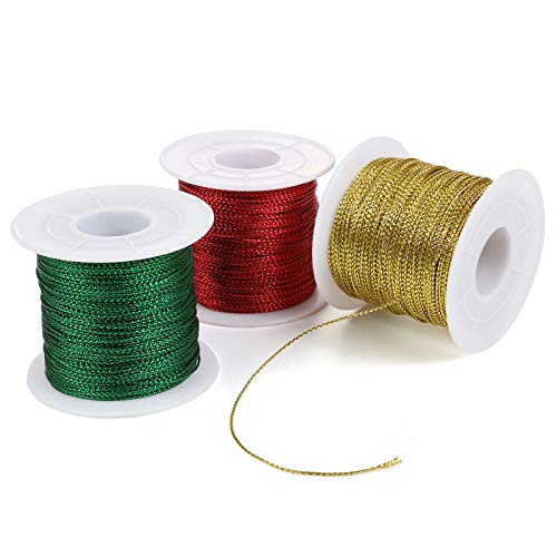 Naler 3 Rollen Bastelschnur Weihnachten Bindfaden Kordel zum Aufhängen von Weihnachtsdeko Bakers Twine für Adventskalender, Rot/Grün/Gold von Naler