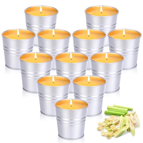 12 Stück Citronella Kerze Outdoor, Teelichter im Metalleimer, 120-180 Brennstunden Natürliches Sojawachs Citronella Duftlichter Zitrone Teelichter Kerzen Outdoor Indoor für Terrasse,Garten,Camping von Nalikosty