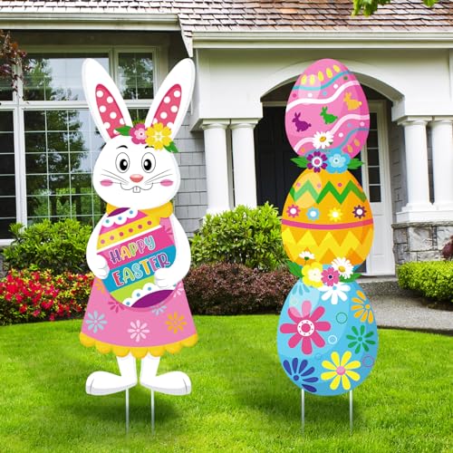 Namalu 2 Pack Frühling Ostern Hofschilder mit Pfählen 100 cm Ostern Rasen Schild Außen Hase Ei Rasen Deko Wasserfeste Happy Easter Hof Stecker für Jagdspiel Garten Haus Zubehör (Hase und Osterei) von Namalu