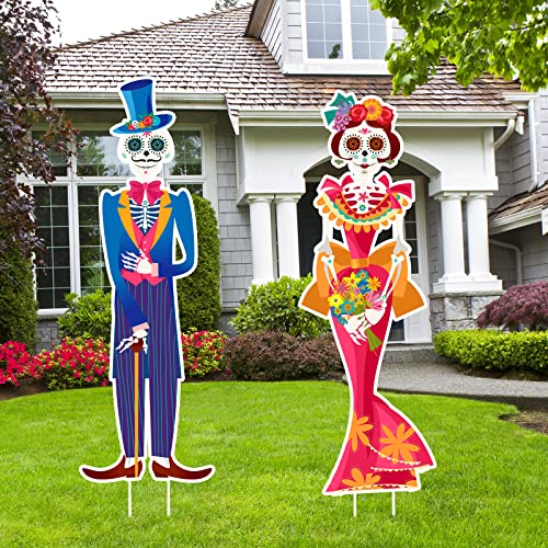 Namalu 2 Stück Tag der Toten Hof Schilder Dekoration Totenkopf Hof Rasen Deko Kostüm Mexiko Dia De Los Muertos Willkommen Schild Ringelblumen für Garten Halloween Mexikanische Fiesta Party Outdoor von Namalu