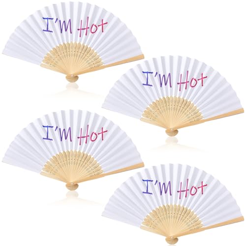 Namalu 4 Stück Handfächer mit Spruch I'm Hot Papier Fächer Sommer Holz Klappfächer Fächer Festival Faltfächer Set Portable für Hochzeit Fotografie Party Strand Bar Sauna Outdoor 21cm Beige von Namalu