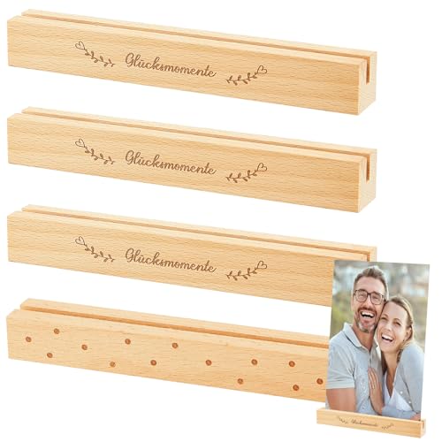 Namalu 4 Stück Kartenhalter Holz Fotohalter Tischkartenhalter mit Sprüchen Postkartenhalter Kartenständer für Postkarten Tischkarten Tischnummern Namensschilder Hochzeiten Foto Geschenk (Glücklich) von Namalu