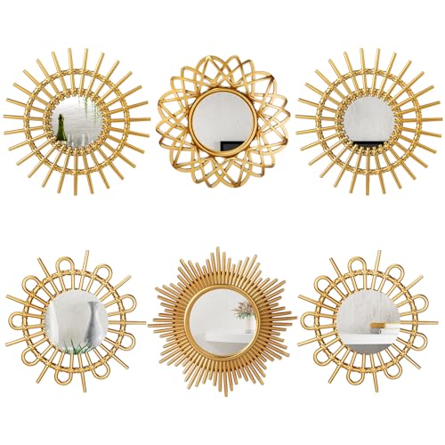 Namalu 6 Stück Wanddeko Spiegel Kleine Kreisform Sonnenspiegel Espejos Dekorative Wandkunst Eingangsspiegel Hängende Kreis Spiegel für Wand Haus Badezimmer (Gold, Elegant) von Namalu
