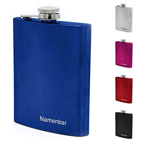 Flachmann mit Namens Gravur, Edelstahl, individuelle Geschenkidee zur Hochzeit, zum Geburtstag oder mehr! (Blau) von Namenbar