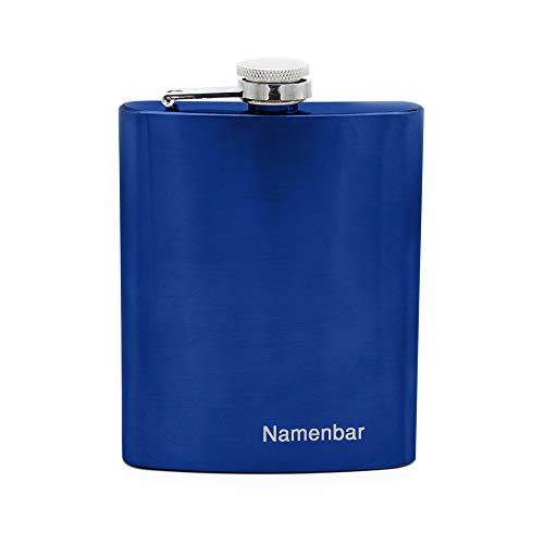 Flachmann mit Namens Gravur, Edelstahl, individuelle Geschenkidee zur Hochzeit, zum Geburtstag oder mehr! (blau (B-Ware)) von Namenbar