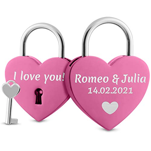 Herz Liebesschloss mit Gravur und Schlüssel - herzförmiges Schloss mit Motiv, Namen und Datum (Rosa) von Namenbar