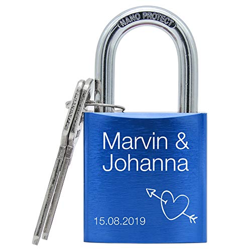 Liebesschloss mit Gravur und 2 Schlüsseln - großes massives Schloss mit Motiv (Blau) von Namenbar