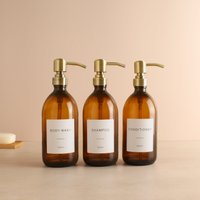 Body Wash Shampoo Conditioner Bernsteinfarbene Glasflasche 3Er Set - Nachfüllbarer Brauner Dispenser & Pump Mit Weißem Wasserdichtem Etikett von NamieHome