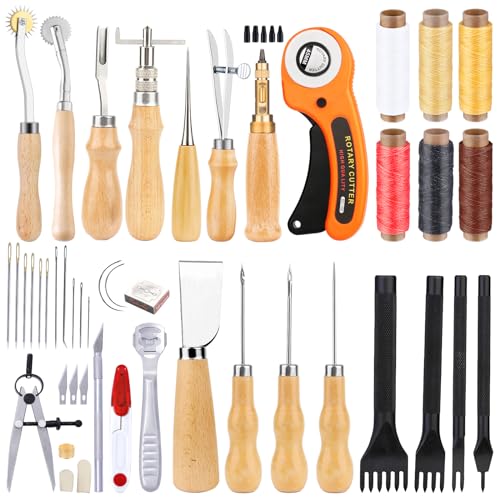 Namner Leder Werkzeug Set, Lederbearbeitung, Leder DIY Werkzeug Leder Starter Set mit Anleitung, Leder Handwerk Werkzeug Set mit Groover, Leder Faden, Leder Locher für Leder Nähen Lederverarbeitung von Namner