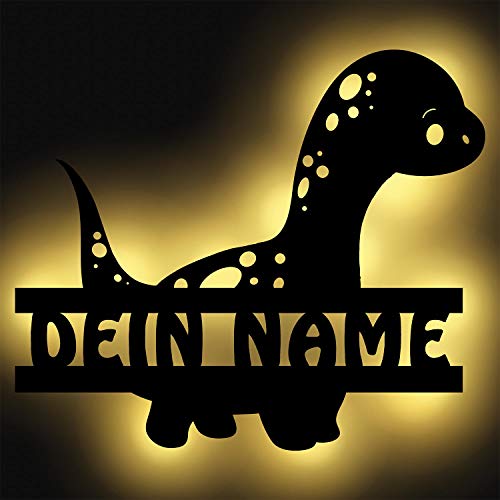 Dino Nachtlicht Kinder LED Wand-Lampe aus Holz Dinosaurier mit Namen für Jungs Leucht Dinolampe Baby von Namofactur