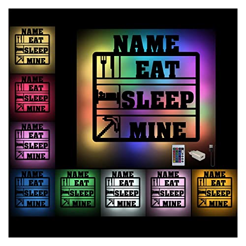 Namofactur Eat Sleep Mine Gaming Deko Zimmer Geschenkideen Geburtstag Gamer Dekoration Farbwechsel Holz Wand Lampe I USB + Fernbedienung von Namofactur