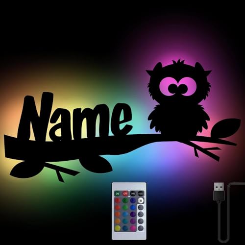 Eule auf Ast Personalisiert Farbwechsel Wand-Lampe Nachtlicht Geschenke mit Namen Schlummerlicht Holz Licht I USB + Fernbedienung von Namofactur