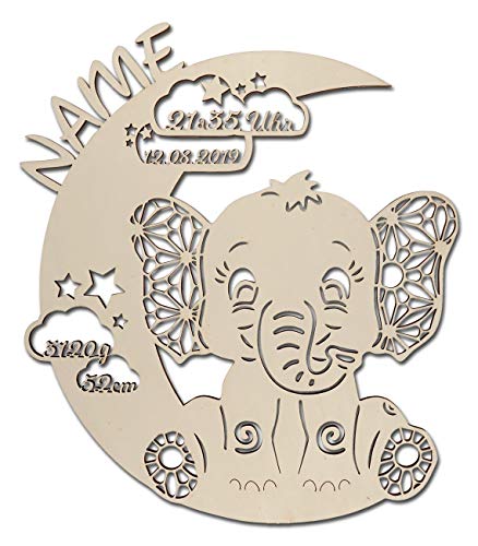Nachtlicht "Elefant auf dem Mond" aus Holz für Kinder | Personalisierte Geschenk-Idee zur Geburt oder Taufe | Schlummerlicht in verschiedenen Farben und LED/RGB-Optionen von Namofactur