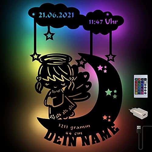 Farbwechsel Personalisierbares Schutzengel Schlummerlicht Mond-Engel I Baby-Geschenke zur Geburt & Taufe | Holz Natur I USB Wand-Lampe Nachtlicht von Namofactur