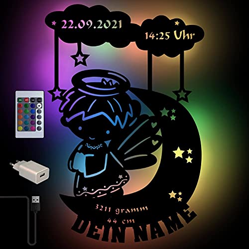 Farbwechsel Personalisierbares Schutzengel Schlummerlicht Mond-Engel Junge I Baby-Geschenke zur Geburt & Taufe | Holz Natur I USB Wand-Lampe Nachtlicht von Namofactur