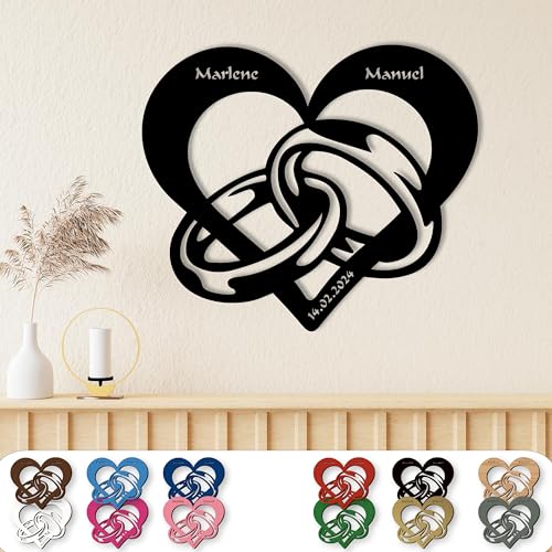 Hochzeitsgeschenk Personalisiertes Holzschild Herz mit Ringen – Wandtattoo XXL für Hochzeit, Wanddeko aus MDF-Holz mit Namen & Datum - Brautpaar, 12 Farben von Namofactur