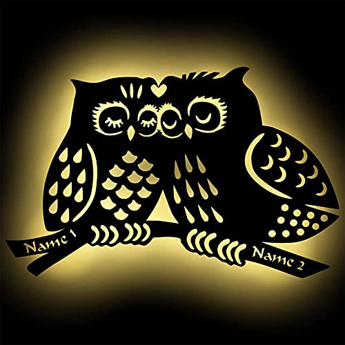 Holz Eulen-Paar Deko Nachtlicht personalisiert mit Wunsch Namen - Schlafzimmer Wohnzimmer Geschenk Jahrestag Partner Pärchen Liebe Deko I Batteriebetrieb & Farbauswahl von Namofactur